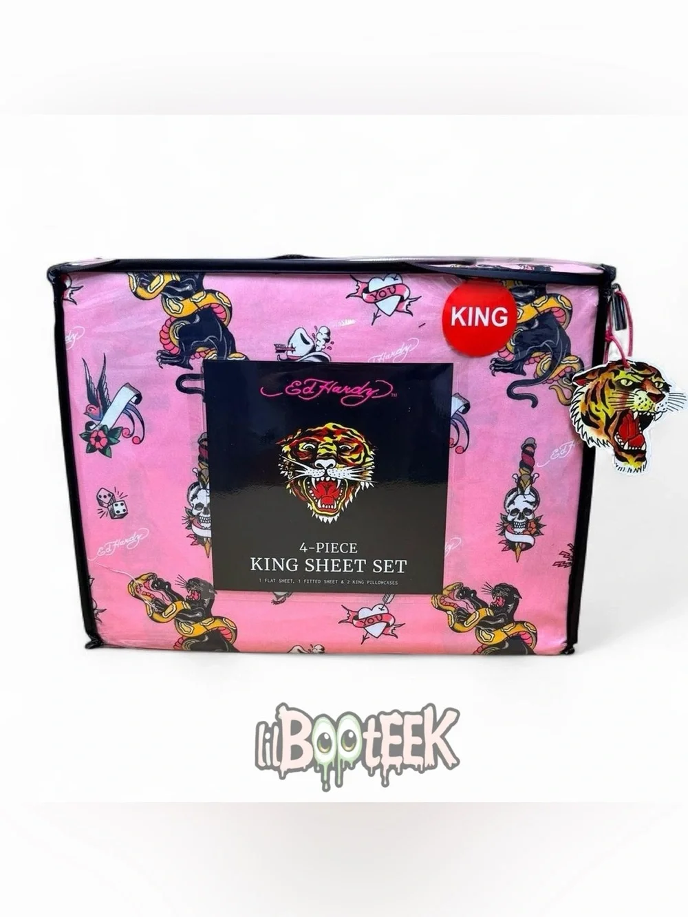Ed Hardy 4 Piece King Size Sheet Set Pink Flash Tattoo Print NEW VIRAL Y2K